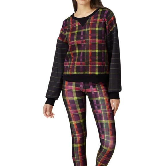 Terez As If Plaid Sweatshirt XS Black Pink Yellow Crewneck Scuba Knit Top - Picture 1 of 6